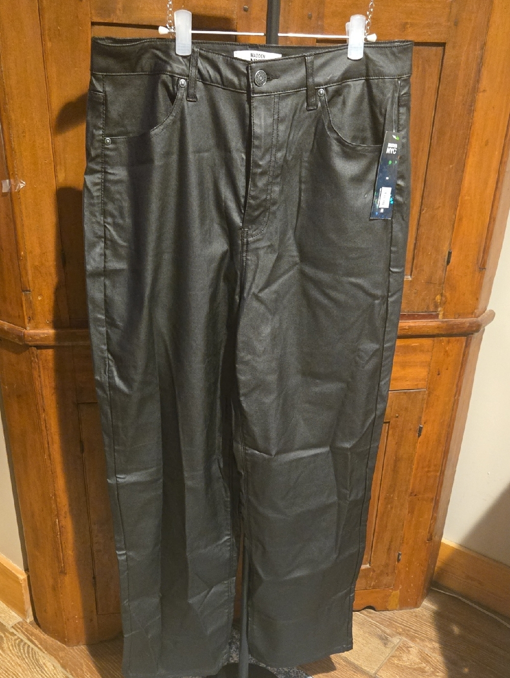 Maeve Black Coated Straight-Leg Pants